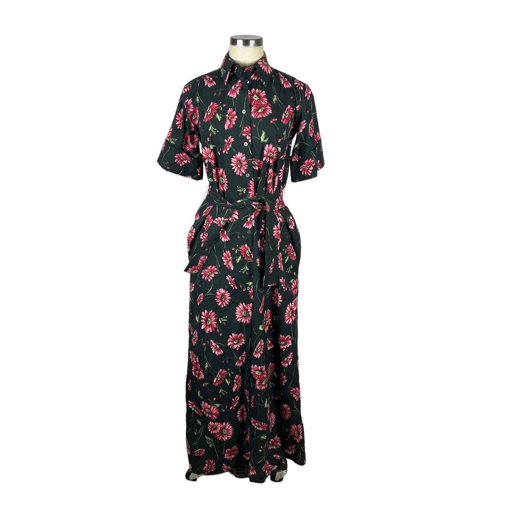 ADAM LIPPES Black Pink Floral Button Down Belted Shirt Dress Midi Long Cotton